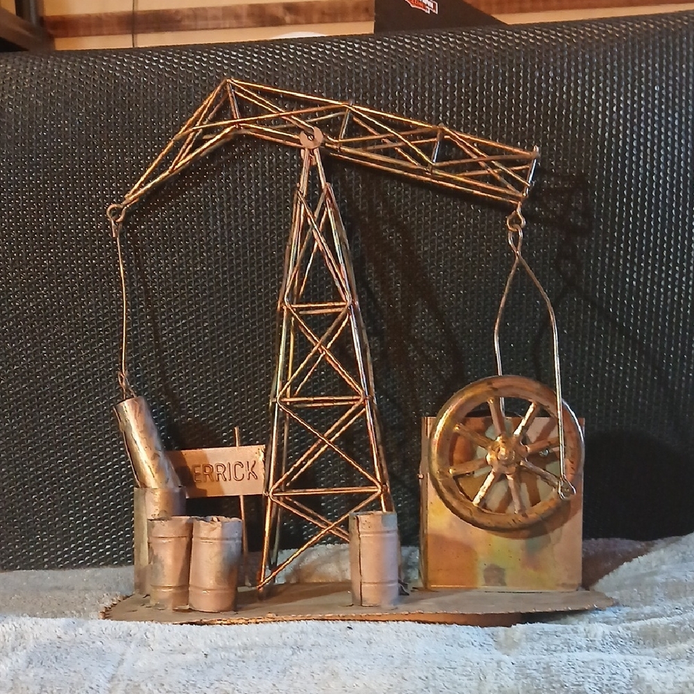 Vintage Copper Animated Metal Oil Derrick Crane Music Box